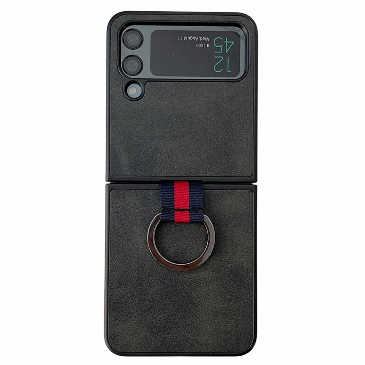 Para Samsung Galaxy Z Flip4 5G Textured PU Leather Coated PC Back Cover Metal Ring Holder Folding Phone Case - Negro
