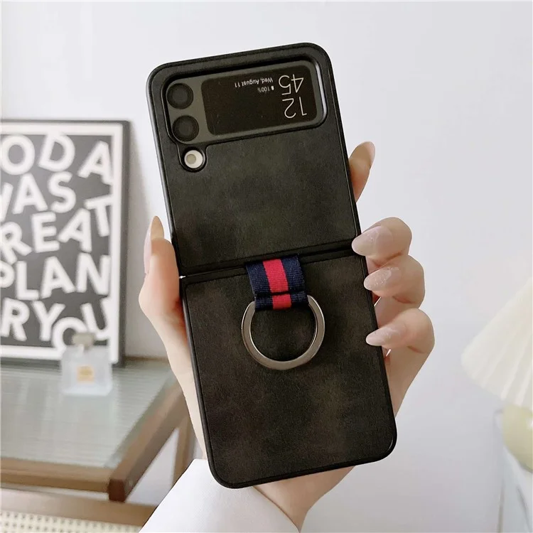 Para Samsung Galaxy Z Flip4 5G Textured PU Leather Coated PC Back Cover Metal Ring Holder Folding Phone Case - Negro