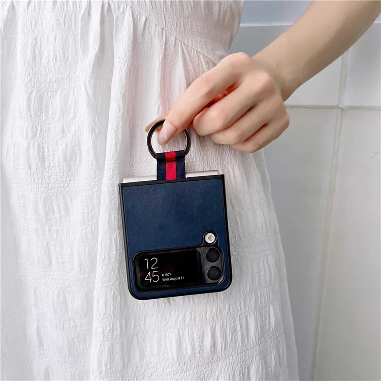 Para Samsung Galaxy Z Flip4 5G Textured PU Leather Coated PC Back Cover Metal Ring Holder Folding Phone Case - Negro