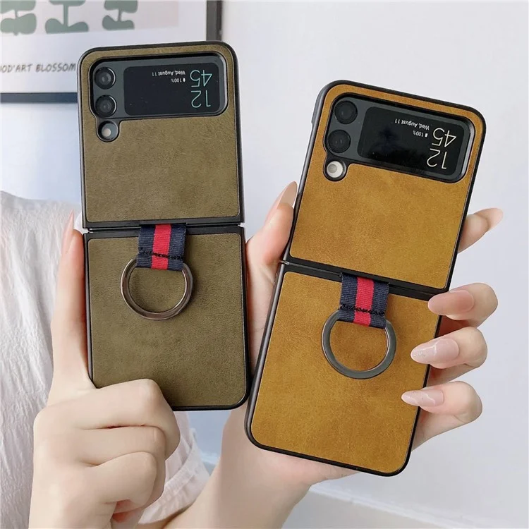 Para Samsung Galaxy Z Flip4 5G Textured PU Leather Coated PC Back Cover Metal Ring Holder Folding Phone Case - Negro