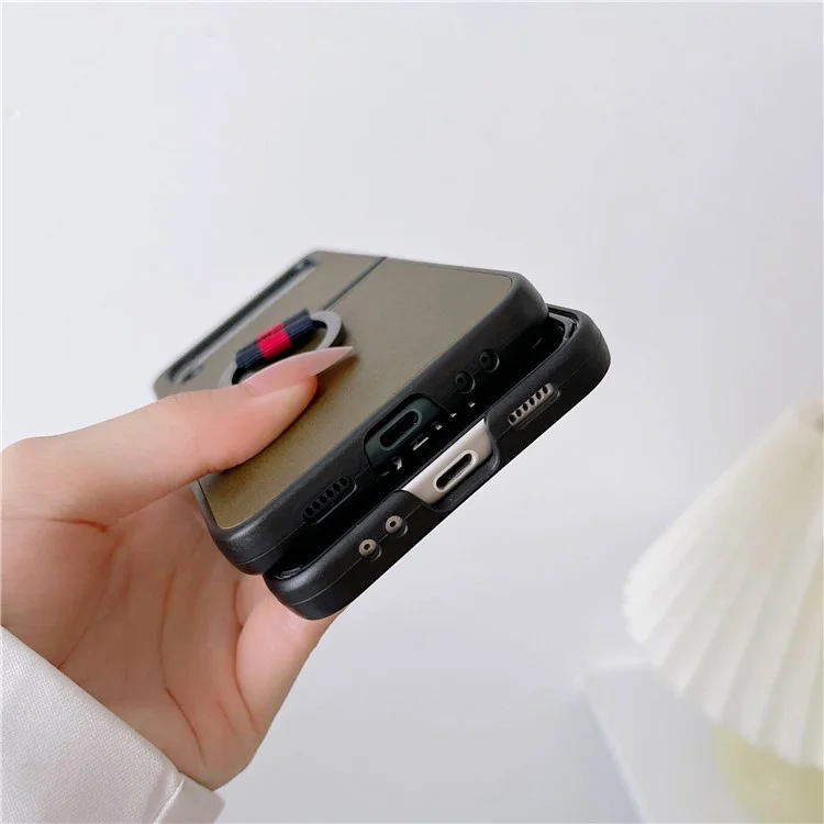 Para Samsung Galaxy Z Flip4 5G Textured PU Leather Coated PC Back Cover Metal Ring Holder Folding Phone Case - Negro