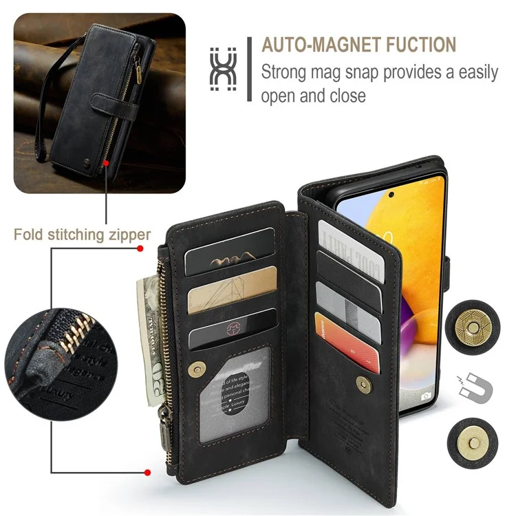 Série Caseme C30 Pour Samsung Galaxy A72 4G / Couverture en Cuir PU en Poche à Zétre 5G Plusieurs Emplacements de Cartes Shell du Téléphone - le Noir