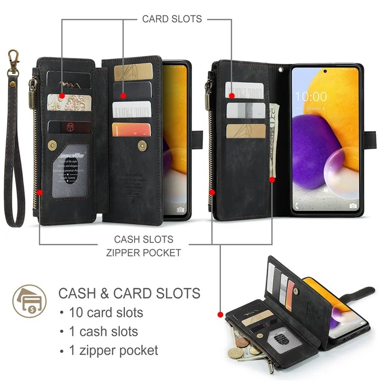 Série Caseme C30 Pour Samsung Galaxy A72 4G / Couverture en Cuir PU en Poche à Zétre 5G Plusieurs Emplacements de Cartes Shell du Téléphone - le Noir