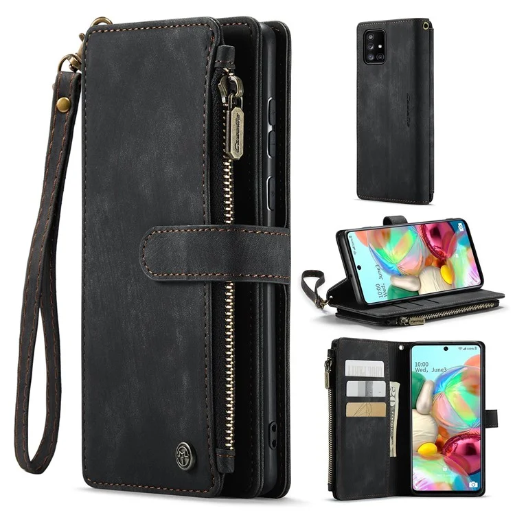 Caseme C30-serie Für Samsung Galaxy A71 4G SM-A715 Stand Reißverschluss Pocket Case Magnetic Clasp Mehrere Kartenschlitze Leder-telefonabdeckung - Schwarz