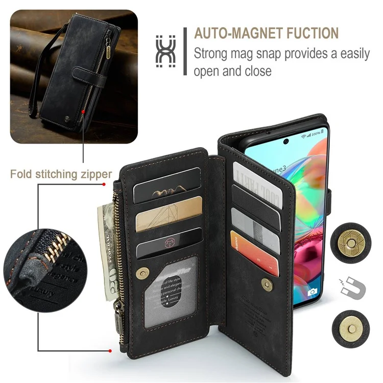 Caseme C30-serie Für Samsung Galaxy A71 4G SM-A715 Stand Reißverschluss Pocket Case Magnetic Clasp Mehrere Kartenschlitze Leder-telefonabdeckung - Schwarz