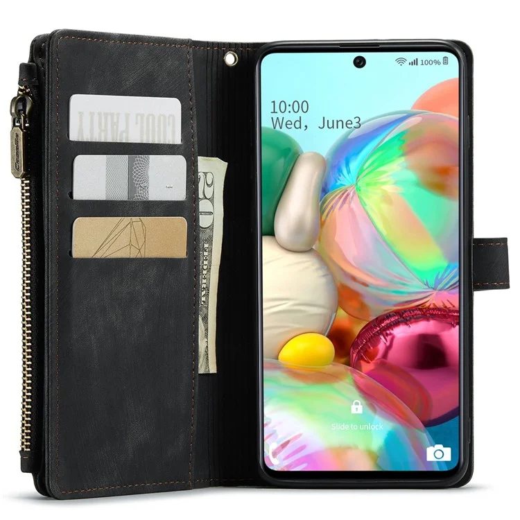 Caseme C30-serie Für Samsung Galaxy A71 4G SM-A715 Stand Reißverschluss Pocket Case Magnetic Clasp Mehrere Kartenschlitze Leder-telefonabdeckung - Schwarz