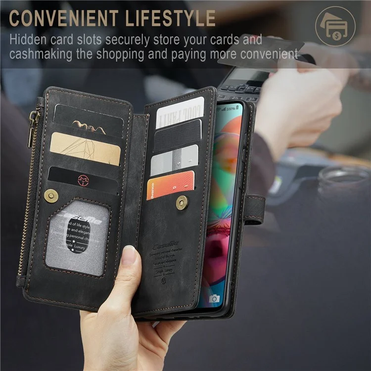 Caseme C30-serie Für Samsung Galaxy A71 4G SM-A715 Stand Reißverschluss Pocket Case Magnetic Clasp Mehrere Kartenschlitze Leder-telefonabdeckung - Schwarz