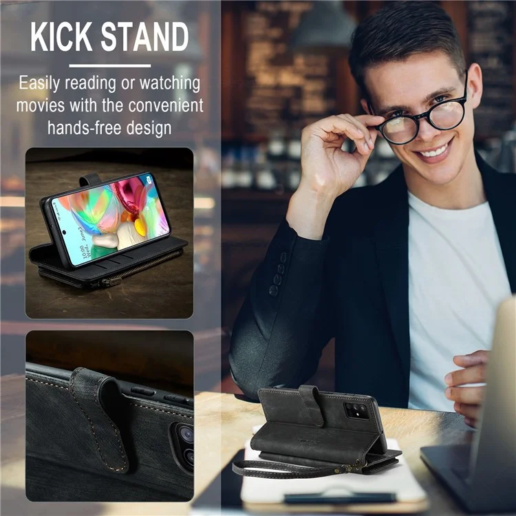 Caseme C30-serie Für Samsung Galaxy A71 4G SM-A715 Stand Reißverschluss Pocket Case Magnetic Clasp Mehrere Kartenschlitze Leder-telefonabdeckung - Schwarz