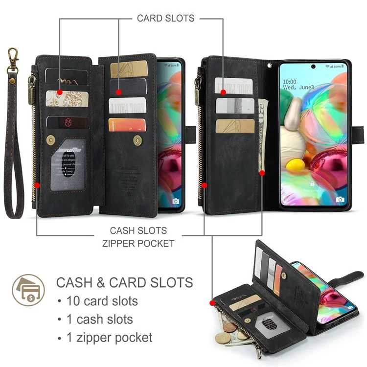Caseme C30-serie Für Samsung Galaxy A71 4G SM-A715 Stand Reißverschluss Pocket Case Magnetic Clasp Mehrere Kartenschlitze Leder-telefonabdeckung - Schwarz