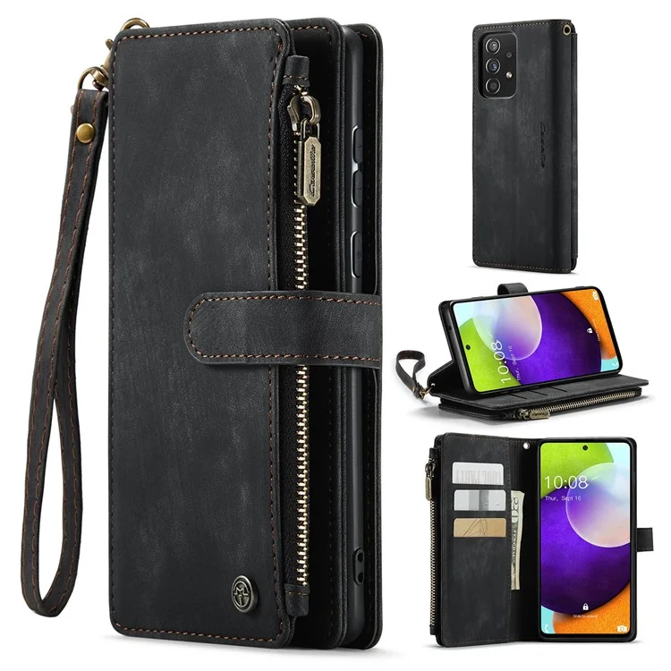 CASEME C30-Serie für Samsung Galaxy A52 4G / 5G / 52s 5G PU-Leder-Standfuß-Geldbörsen-Handyhülle mit mehreren Kartenfächern und Reißverschlusstasche - Schwarz