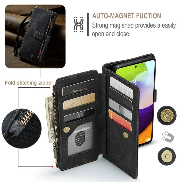 CASEME C30-Serie für Samsung Galaxy A52 4G / 5G / 52s 5G PU-Leder-Standfuß-Geldbörsen-Handyhülle mit mehreren Kartenfächern und Reißverschlusstasche - Schwarz