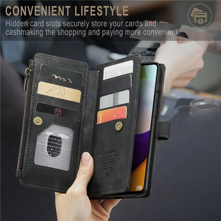 CASEME C30-Serie für Samsung Galaxy A52 4G / 5G / 52s 5G PU-Leder-Standfuß-Geldbörsen-Handyhülle mit mehreren Kartenfächern und Reißverschlusstasche - Schwarz