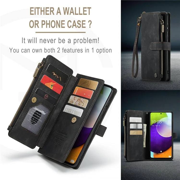 CASEME C30-Serie für Samsung Galaxy A52 4G / 5G / 52s 5G PU-Leder-Standfuß-Geldbörsen-Handyhülle mit mehreren Kartenfächern und Reißverschlusstasche - Schwarz