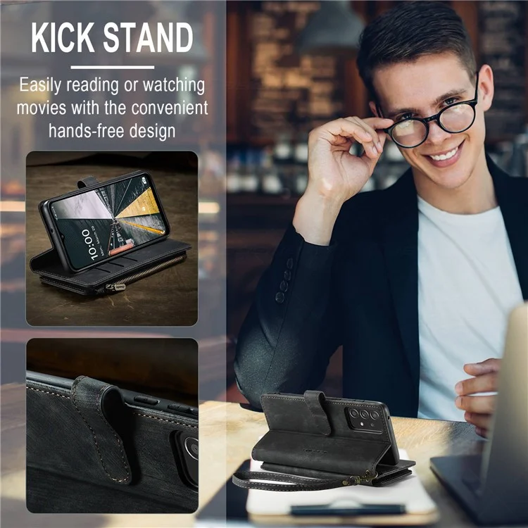 CASEME C30-Serie für Samsung Galaxy A52 4G / 5G / 52s 5G PU-Leder-Standfuß-Geldbörsen-Handyhülle mit mehreren Kartenfächern und Reißverschlusstasche - Schwarz