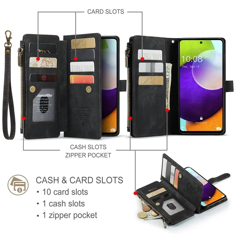 CASEME C30-Serie für Samsung Galaxy A52 4G / 5G / 52s 5G PU-Leder-Standfuß-Geldbörsen-Handyhülle mit mehreren Kartenfächern und Reißverschlusstasche - Schwarz