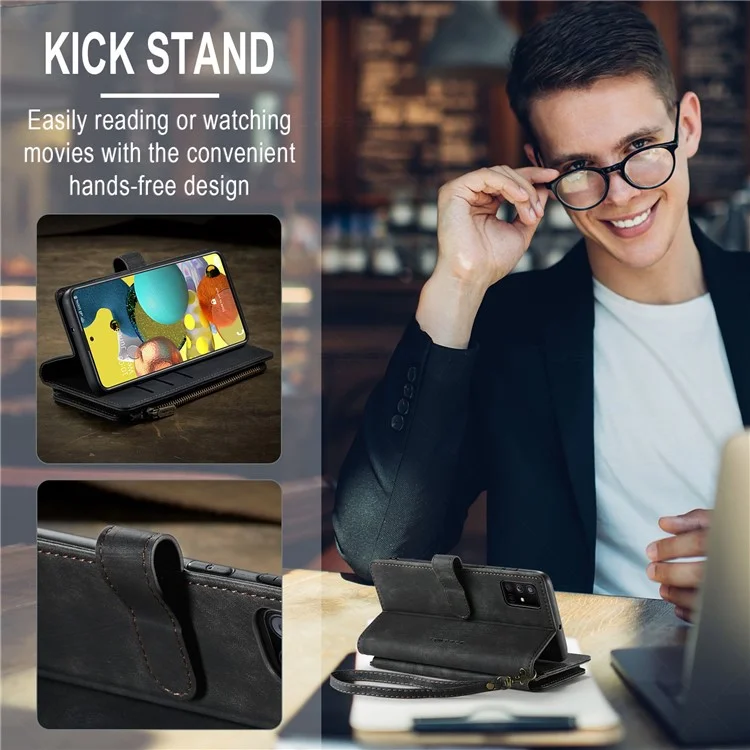 For Samsung Galaxy A51 4G SM-A515 Phone Cases with Strap CASEME C30 Zipper Multiple Card Holder PU Leather Cover - Black