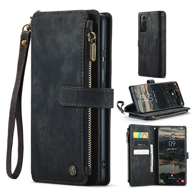 For Samsung Galaxy S22+ 5G Phone Cases with Strap CASEME C30 Zipper Multiple Card Holder PU Leather Cover - Black