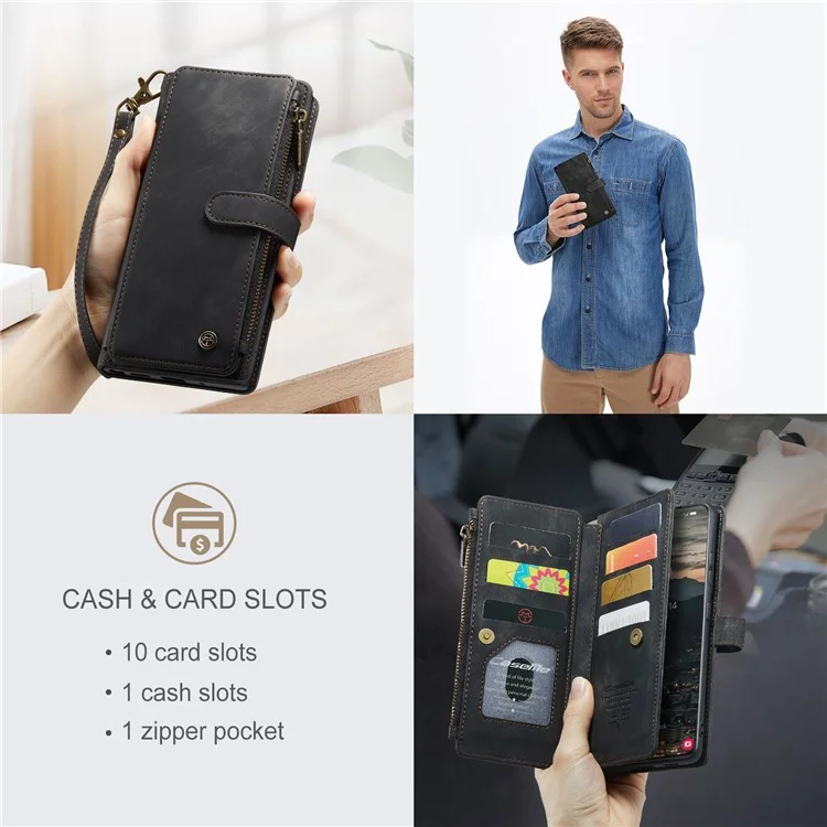 For Samsung Galaxy S22+ 5G Phone Cases with Strap CASEME C30 Zipper Multiple Card Holder PU Leather Cover - Black