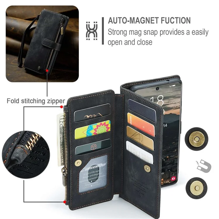 For Samsung Galaxy S22+ 5G Phone Cases with Strap CASEME C30 Zipper Multiple Card Holder PU Leather Cover - Black
