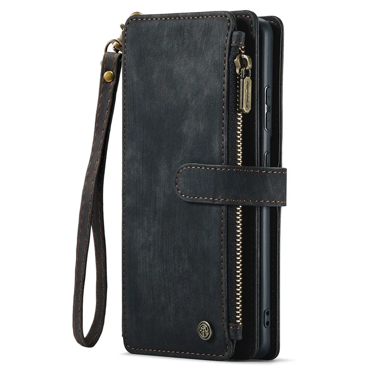 For Samsung Galaxy S22+ 5G Phone Cases with Strap CASEME C30 Zipper Multiple Card Holder PU Leather Cover - Black