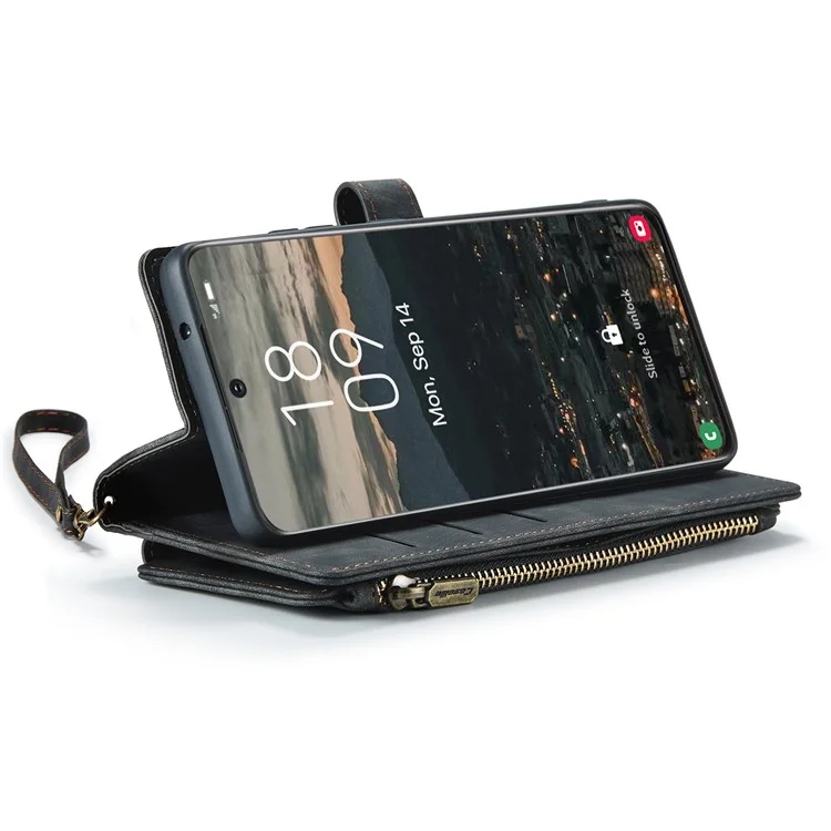 For Samsung Galaxy S22+ 5G Phone Cases with Strap CASEME C30 Zipper Multiple Card Holder PU Leather Cover - Black