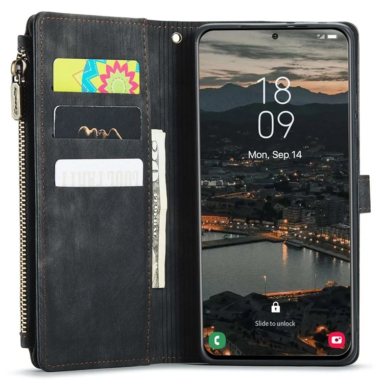 For Samsung Galaxy S22+ 5G Phone Cases with Strap CASEME C30 Zipper Multiple Card Holder PU Leather Cover - Black