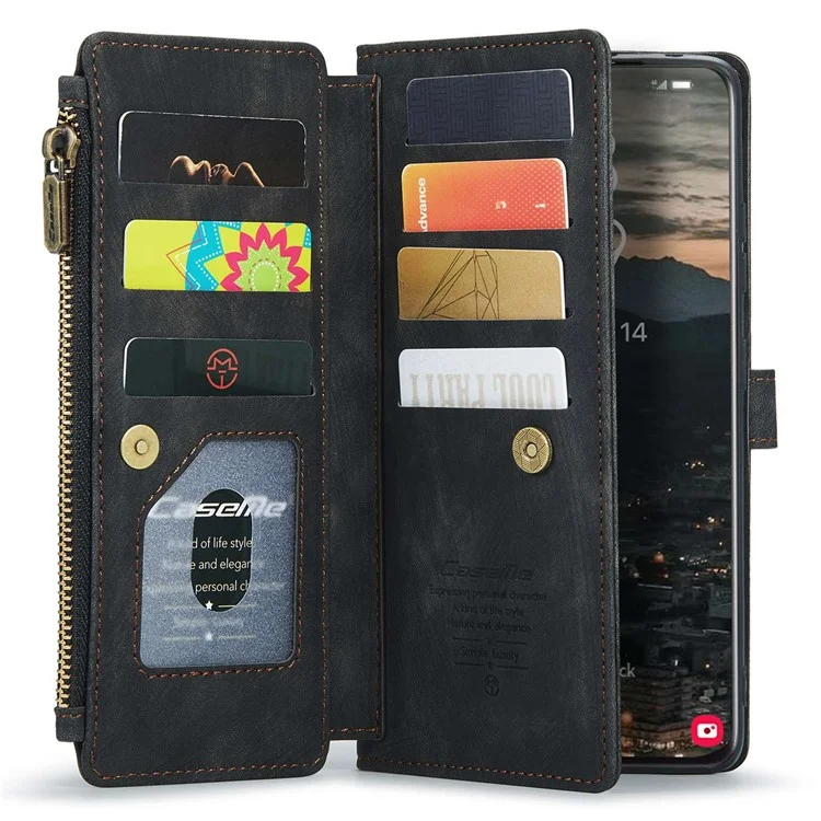 For Samsung Galaxy S22+ 5G Phone Cases with Strap CASEME C30 Zipper Multiple Card Holder PU Leather Cover - Black