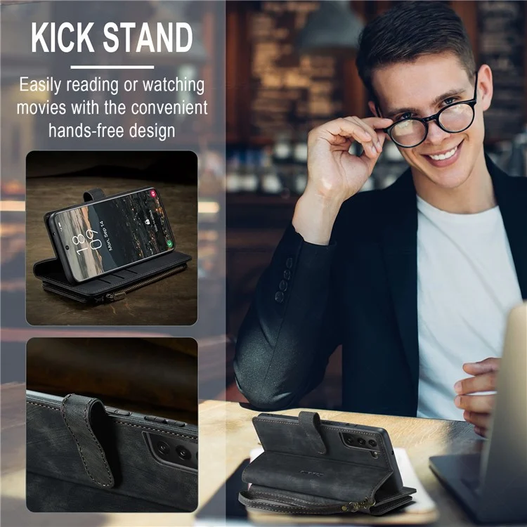 For Samsung Galaxy S22+ 5G Phone Cases with Strap CASEME C30 Zipper Multiple Card Holder PU Leather Cover - Black