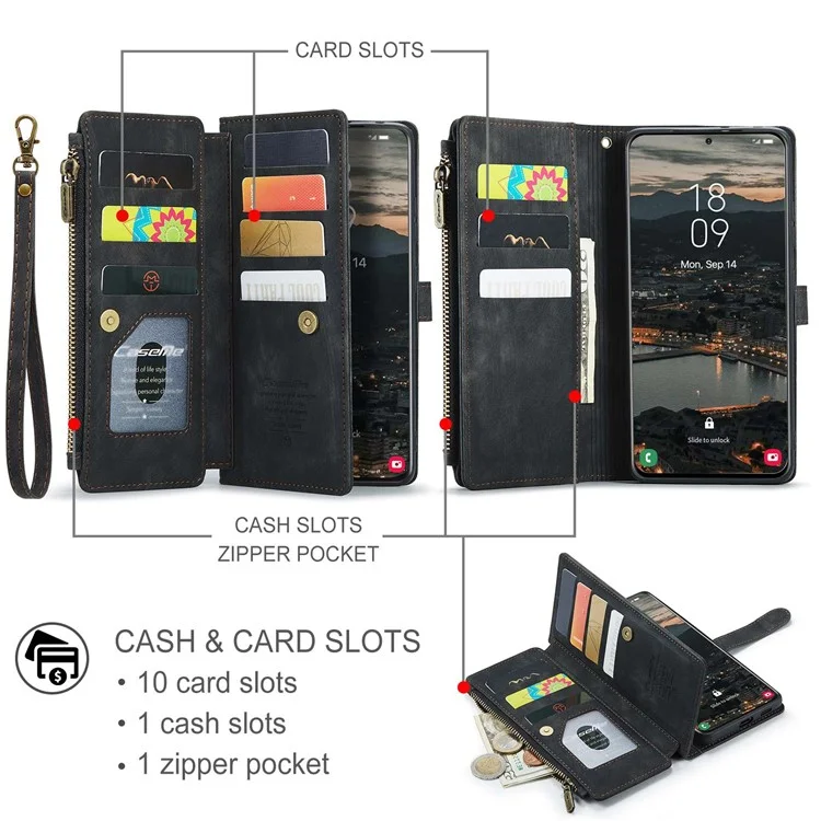 For Samsung Galaxy S22+ 5G Phone Cases with Strap CASEME C30 Zipper Multiple Card Holder PU Leather Cover - Black