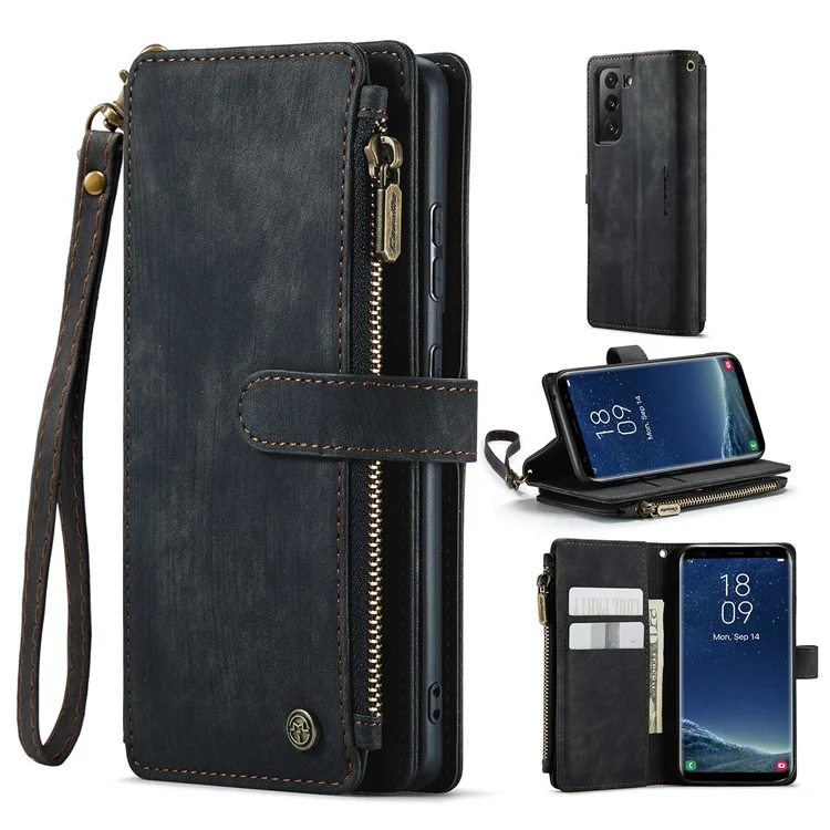 For Samsung Galaxy S22 5G Phone Cases with Strap CASEME C30 Zipper Multiple Card Holder PU Leather Cover - Black