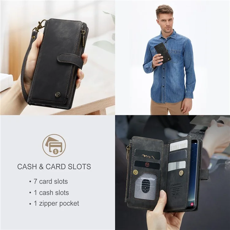 For Samsung Galaxy S22 5G Phone Cases with Strap CASEME C30 Zipper Multiple Card Holder PU Leather Cover - Black