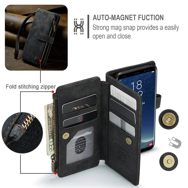 For Samsung Galaxy S22 5G Phone Cases with Strap CASEME C30 Zipper Multiple Card Holder PU Leather Cover - Black