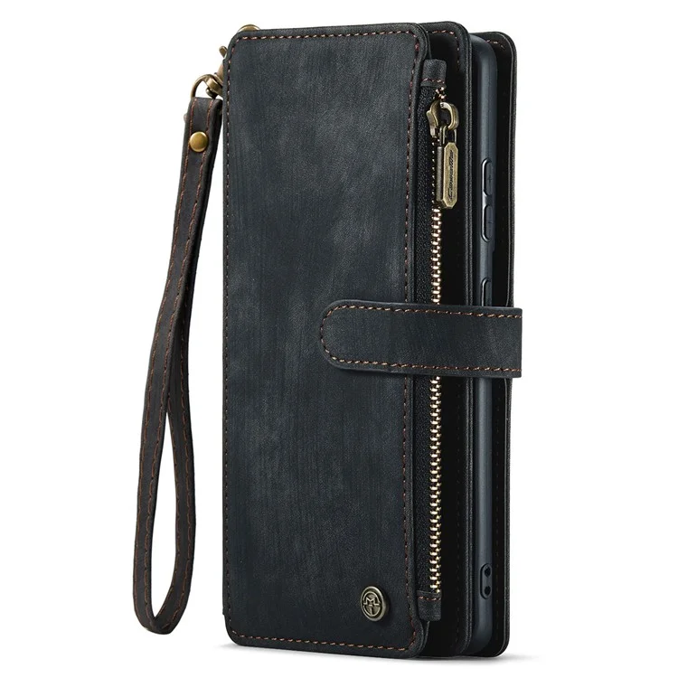 For Samsung Galaxy S22 5G Phone Cases with Strap CASEME C30 Zipper Multiple Card Holder PU Leather Cover - Black