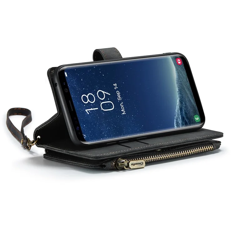For Samsung Galaxy S22 5G Phone Cases with Strap CASEME C30 Zipper Multiple Card Holder PU Leather Cover - Black