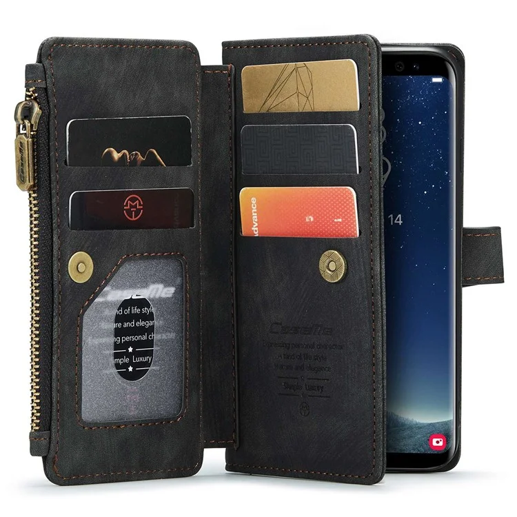 For Samsung Galaxy S22 5G Phone Cases with Strap CASEME C30 Zipper Multiple Card Holder PU Leather Cover - Black