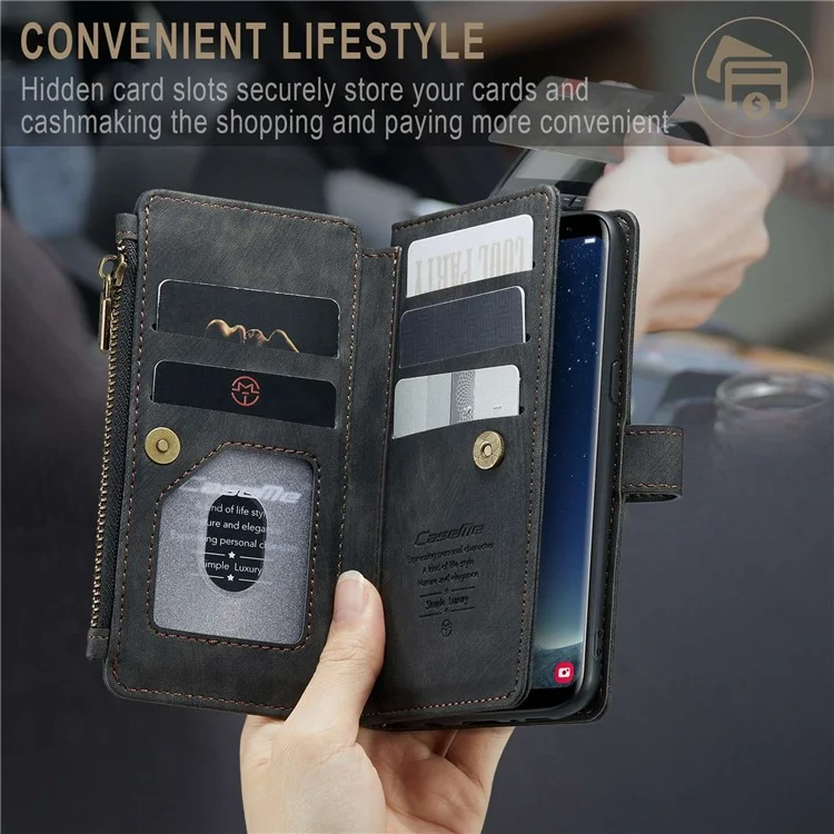 For Samsung Galaxy S22 5G Phone Cases with Strap CASEME C30 Zipper Multiple Card Holder PU Leather Cover - Black