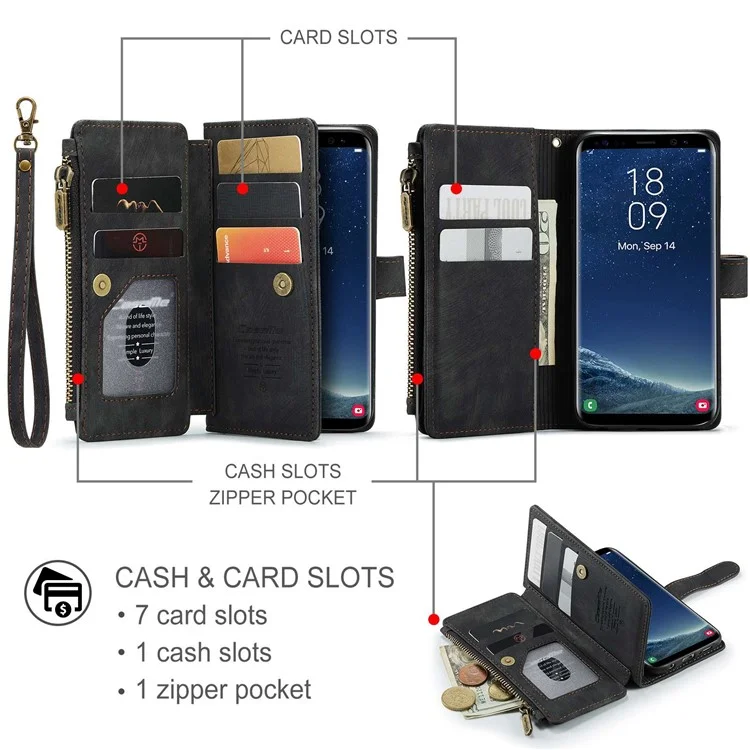 For Samsung Galaxy S22 5G Phone Cases with Strap CASEME C30 Zipper Multiple Card Holder PU Leather Cover - Black