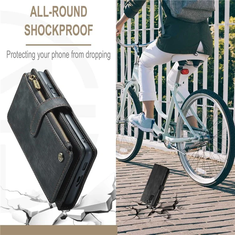 For Samsung Galaxy S22 5G Phone Cases with Strap CASEME C30 Zipper Multiple Card Holder PU Leather Cover - Black