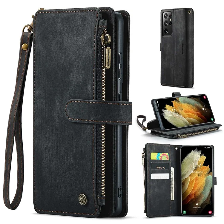 For Samsung Galaxy S21 Ultra 5G Phone Cases with Strap CASEME C30 Zipper Multiple Card Holder PU Leather Cover - Black