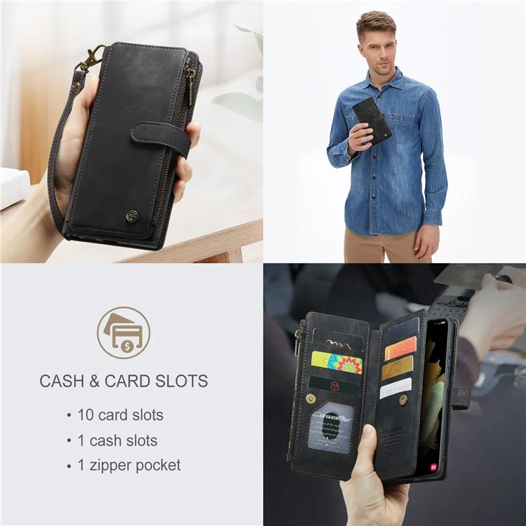 For Samsung Galaxy S21 Ultra 5G Phone Cases with Strap CASEME C30 Zipper Multiple Card Holder PU Leather Cover - Black