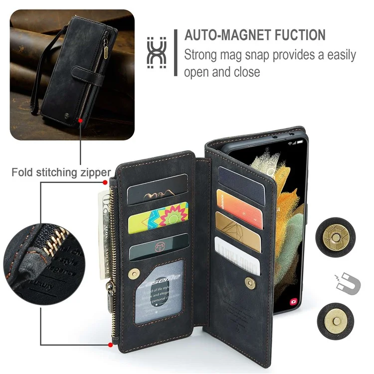For Samsung Galaxy S21 Ultra 5G Phone Cases with Strap CASEME C30 Zipper Multiple Card Holder PU Leather Cover - Black
