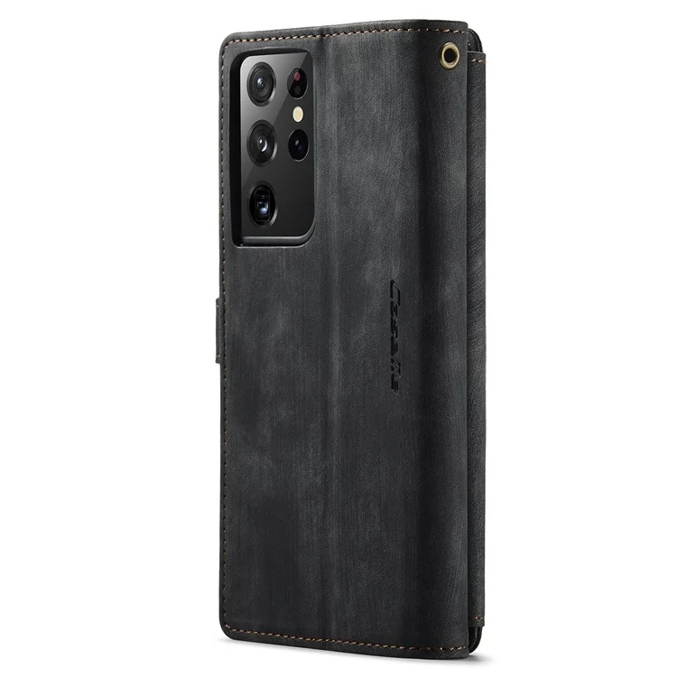 For Samsung Galaxy S21 Ultra 5G Phone Cases with Strap CASEME C30 Zipper Multiple Card Holder PU Leather Cover - Black