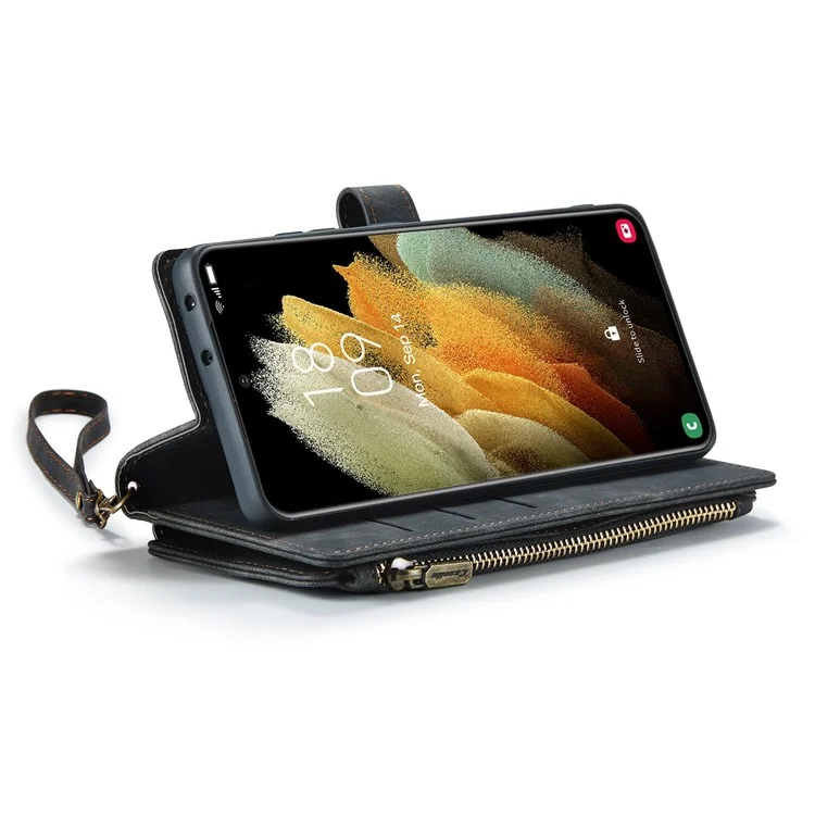 For Samsung Galaxy S21 Ultra 5G Phone Cases with Strap CASEME C30 Zipper Multiple Card Holder PU Leather Cover - Black