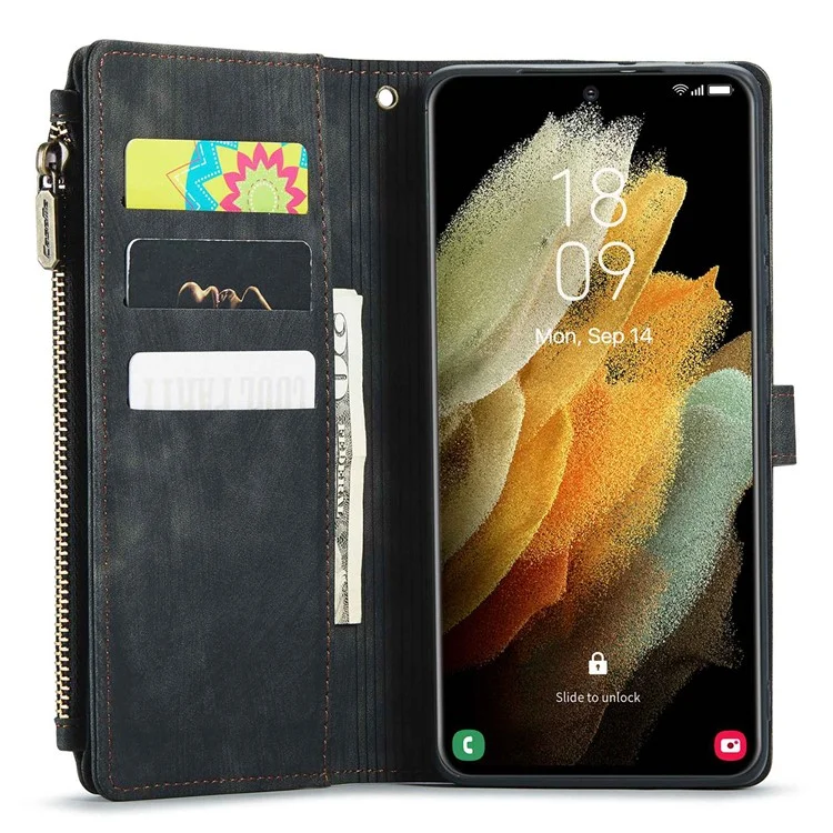 For Samsung Galaxy S21 Ultra 5G Phone Cases with Strap CASEME C30 Zipper Multiple Card Holder PU Leather Cover - Black