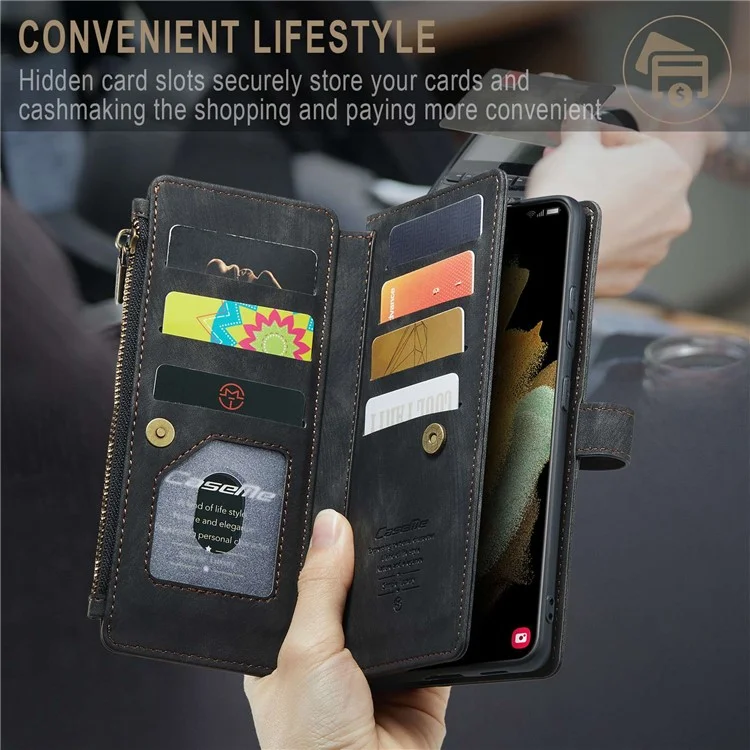 For Samsung Galaxy S21 Ultra 5G Phone Cases with Strap CASEME C30 Zipper Multiple Card Holder PU Leather Cover - Black
