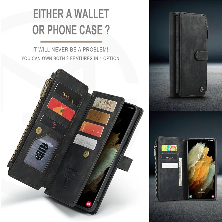 For Samsung Galaxy S21 Ultra 5G Phone Cases with Strap CASEME C30 Zipper Multiple Card Holder PU Leather Cover - Black