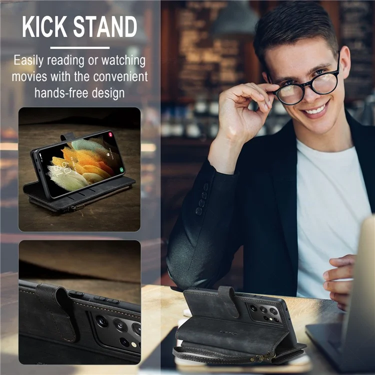 For Samsung Galaxy S21 Ultra 5G Phone Cases with Strap CASEME C30 Zipper Multiple Card Holder PU Leather Cover - Black