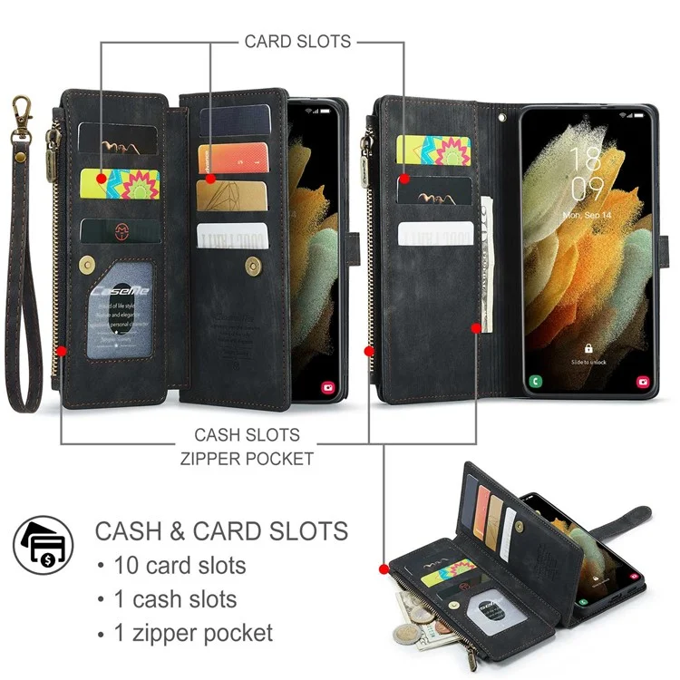 For Samsung Galaxy S21 Ultra 5G Phone Cases with Strap CASEME C30 Zipper Multiple Card Holder PU Leather Cover - Black