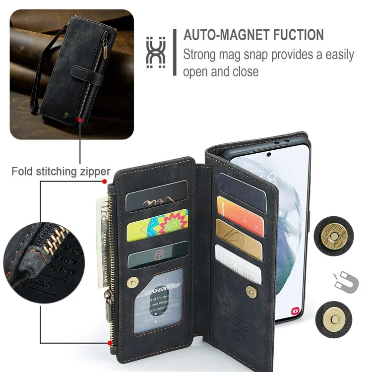 Caseme C30 Серия Антидобого Телефонного Кошелька Для Samsung Galaxy S21+ 5G, Несколько Слотов Для Карманных Слотов Shockper Pocket Cover Cover pu - Черный