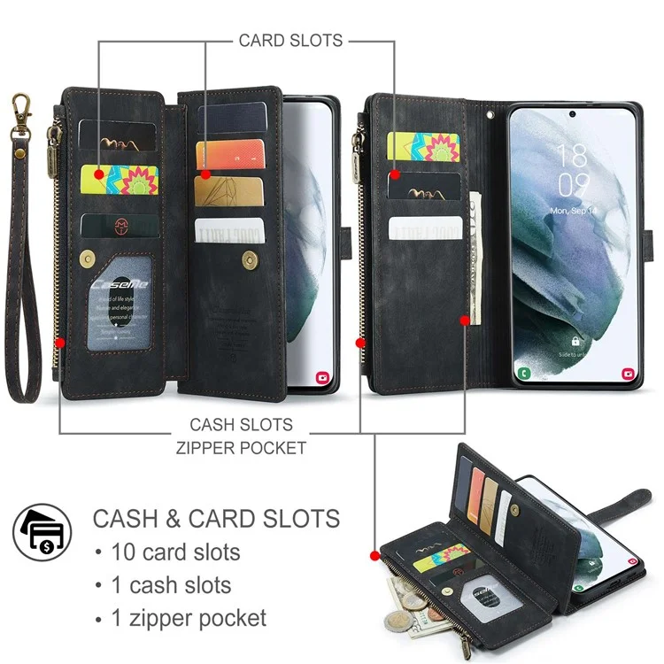 Caseme C30 Серия Антидобого Телефонного Кошелька Для Samsung Galaxy S21+ 5G, Несколько Слотов Для Карманных Слотов Shockper Pocket Cover Cover pu - Черный
